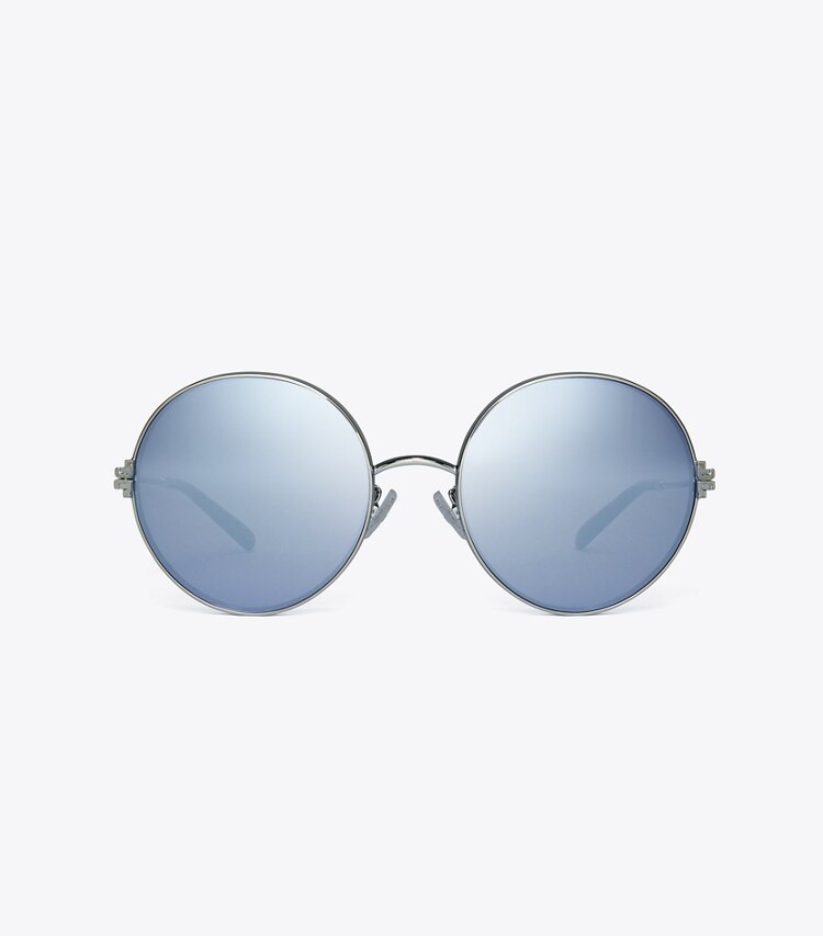 Tory Burch diseñador gafas de sol y gafas graduadas Gafas de sol redondas de metal Eleanor en SHINY SILVER/DARK BLUE MIRROR frente