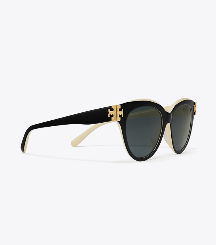 Tory Burch diseñador gafas de sol y anteojos Gafas de sol redondas Eleanor en BLACK/IVORY/DARK GREY SOLID detalle