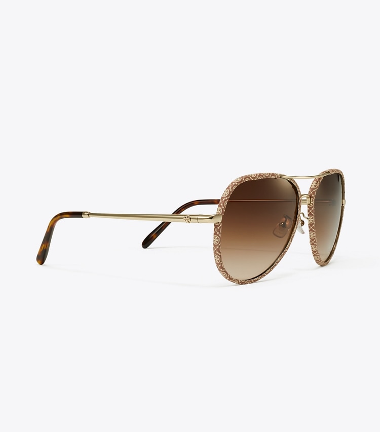 Tory Burch diseñador gafas de sol y gafas graduadas Gafas de sol tipo aviador Eleanor en LIGHT GOLD/T MONOGRAM/BROWN GRADIENT detalle