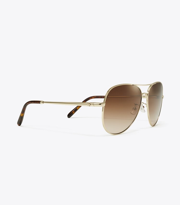 Tory Burch diseñador gafas de sol y anteojos Gafas de sol tipo aviador Eleanor en SHINY LIGHT GOLD/BROWN GRADIENT detalle