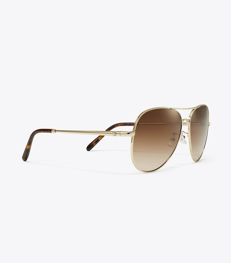 Tory Burch diseñador gafas de sol y anteojos Gafas de sol tipo aviador Eleanor en SHINY LIGHT GOLD/BROWN GRADIENT detalle