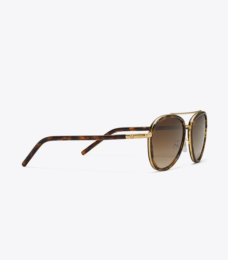 Tory Burch diseñador gafas de sol y anteojos Gafas de sol tipo aviador Eleanor en DARK TORTOISE detalle