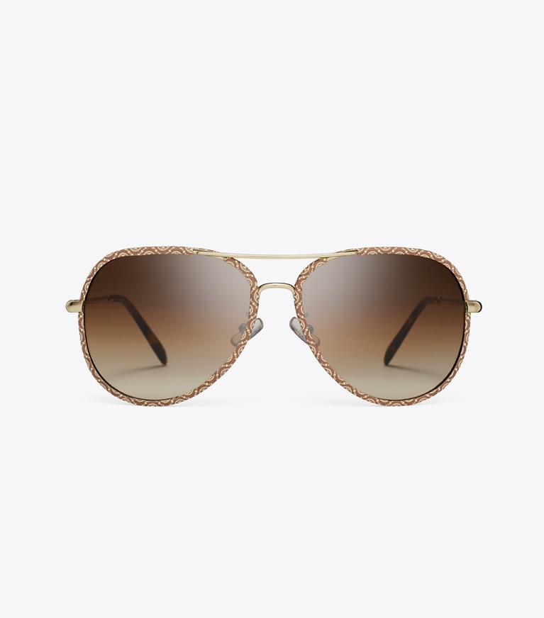 Tory Burch diseñador gafas de sol y gafas graduadas Gafas de sol tipo aviador Eleanor en LIGHT GOLD/T MONOGRAM/BROWN GRADIENT frente