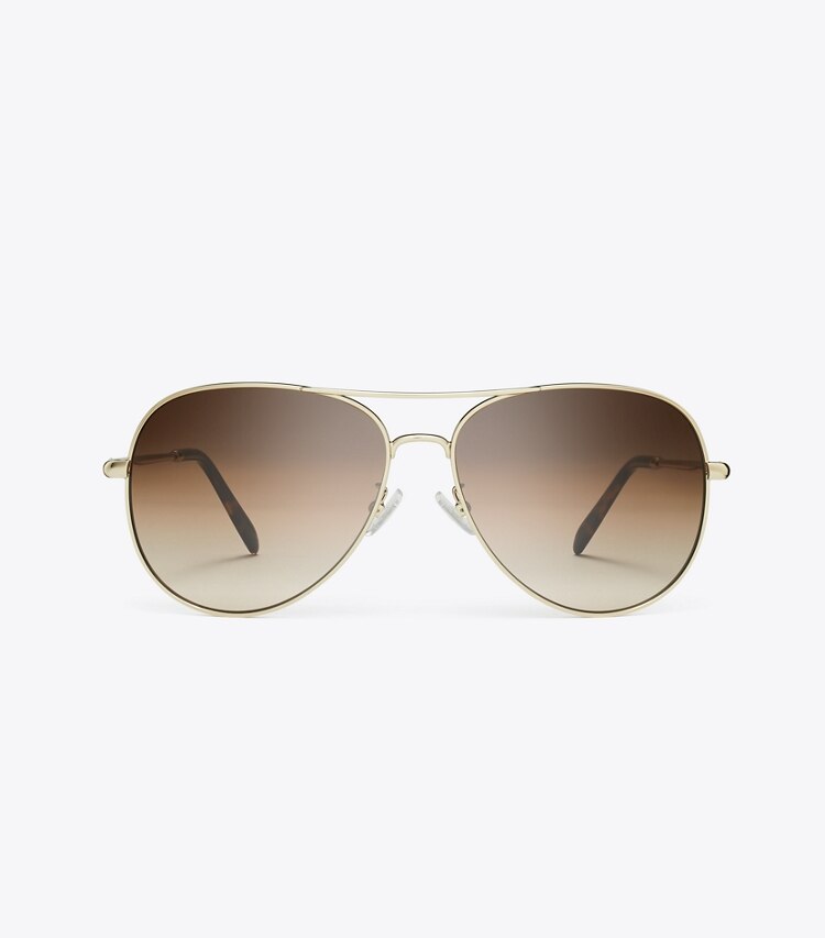Tory Burch diseñador gafas de sol y anteojos Gafas de sol tipo aviador Eleanor en SHINY LIGHT GOLD/BROWN GRADIENT frente