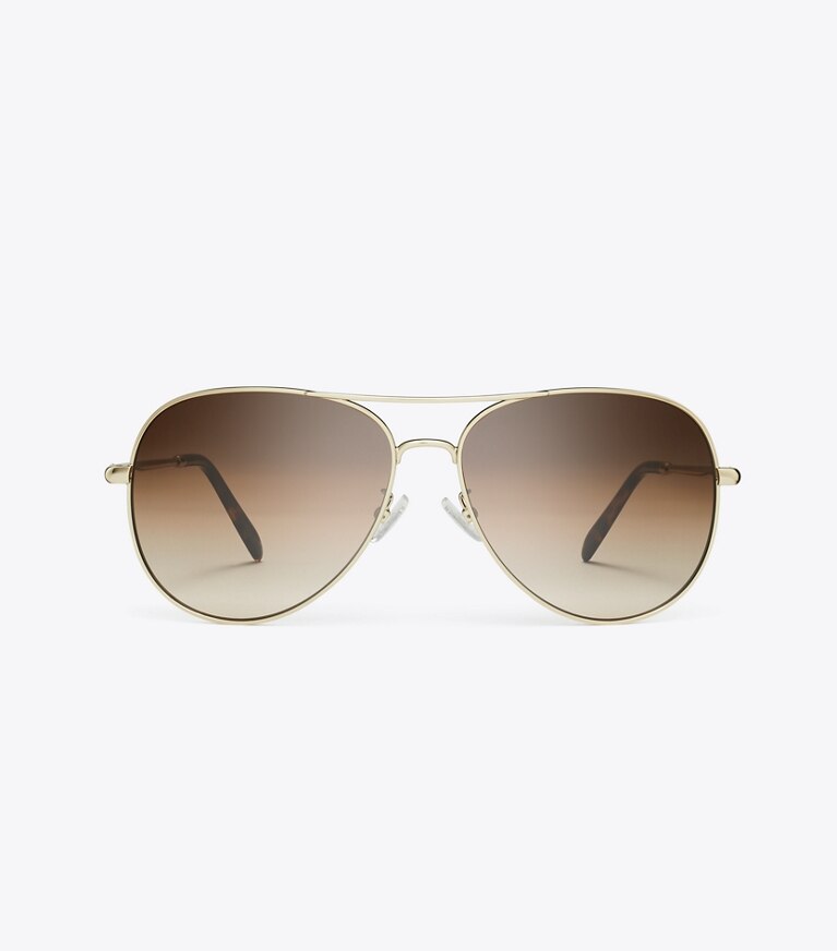Tory Burch diseñador gafas de sol y anteojos Gafas de sol tipo aviador Eleanor en SHINY LIGHT GOLD/BROWN GRADIENT frente