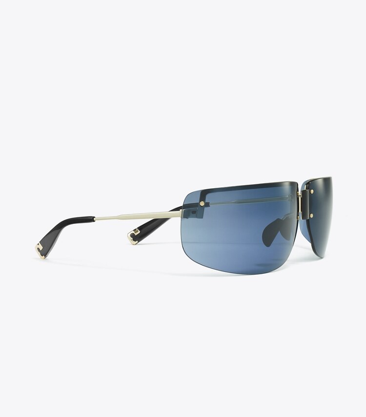 Tory Burch diseñador gafas de sol y gafas graduadas Gafas de sol tipo escudo Runway en SHINY LIGHT GOLD/NAVY BLUE detalle