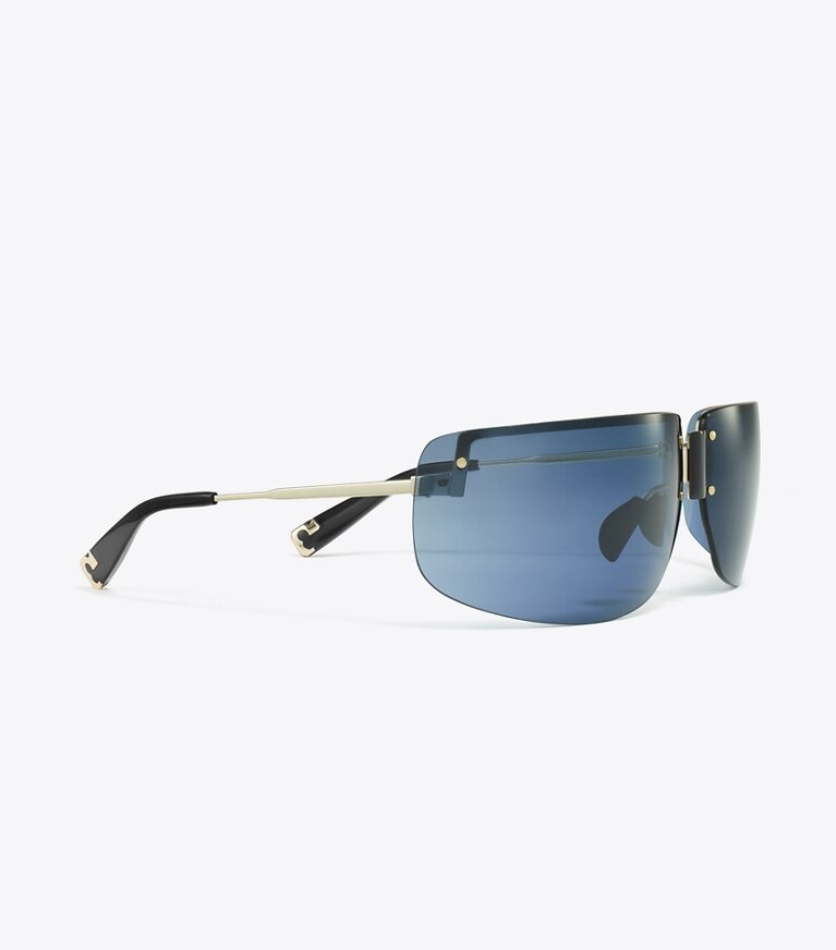 Tory Burch diseñador gafas de sol y gafas graduadas Gafas de sol tipo escudo Runway en SHINY LIGHT GOLD/NAVY BLUE detalle