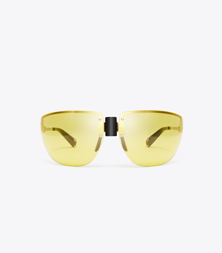 Tory Burch diseñador gafas de sol y gafas graduadas Gafas de sol tipo escudo Runway en SHINY LIGHT GOLD/YELLOW frente