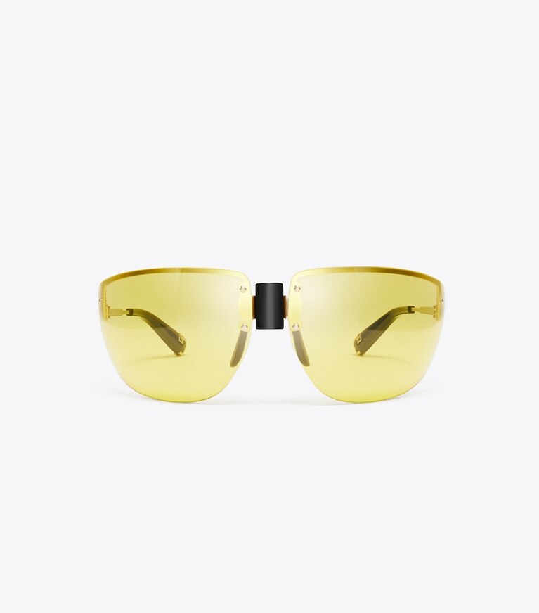 Tory Burch diseñador gafas de sol y gafas graduadas Gafas de sol tipo escudo Runway en SHINY LIGHT GOLD/YELLOW frente