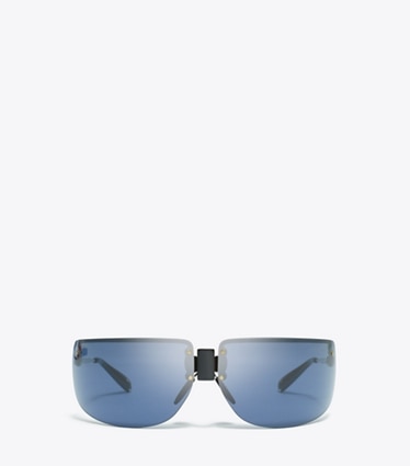 Tory Burch diseñador gafas de sol y gafas graduadas Gafas de sol tipo escudo Runway en SHINY LIGHT GOLD/NAVY BLUE frente
