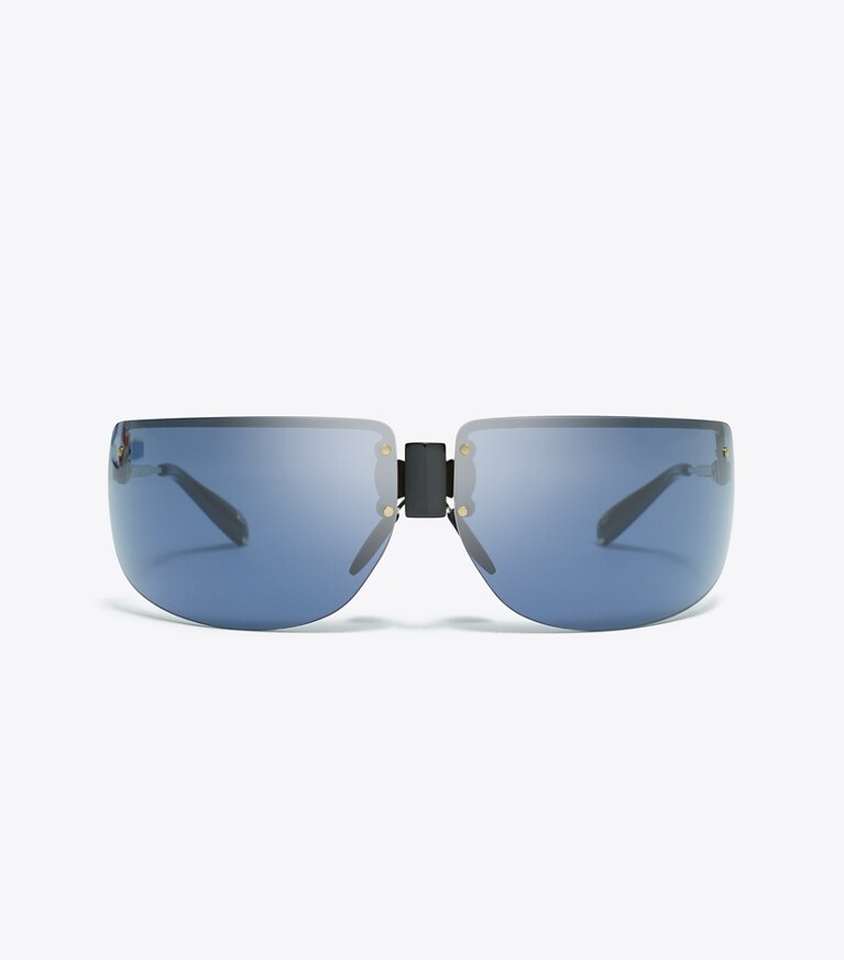 Tory Burch diseñador gafas de sol y gafas graduadas Gafas de sol tipo escudo Runway en SHINY LIGHT GOLD/NAVY BLUE frente