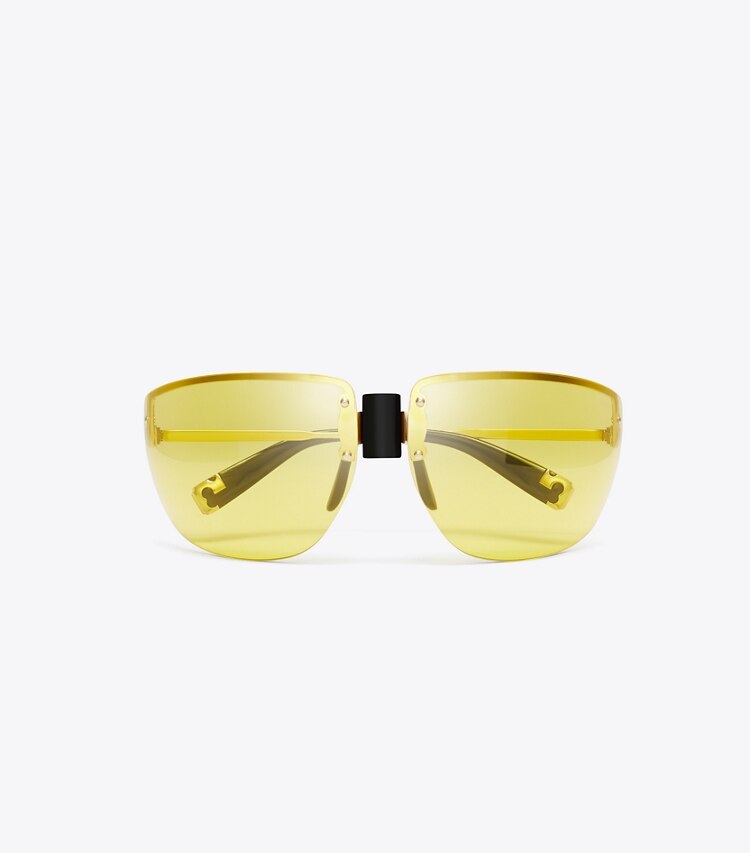 Tory Burch diseñador gafas de sol y gafas graduadas Gafas de sol tipo escudo Runway en SHINY LIGHT GOLD/YELLOW vista superior