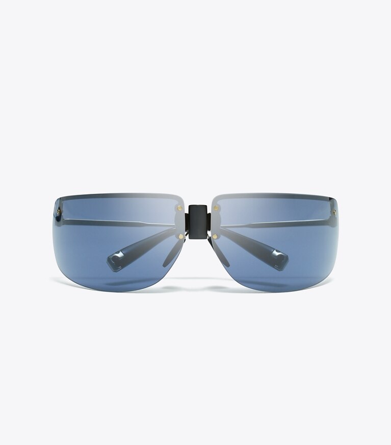 Tory Burch diseñador gafas de sol y gafas graduadas Gafas de sol tipo escudo Runway en SHINY LIGHT GOLD/NAVY BLUE vista superior