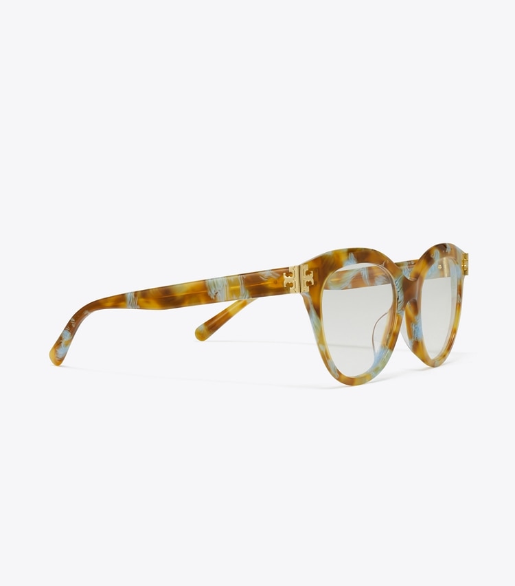 Tory Burch diseñador gafas de sol y anteojos Gafas redondas Eleanor en BLUE HONEY TORTOISE detalle
