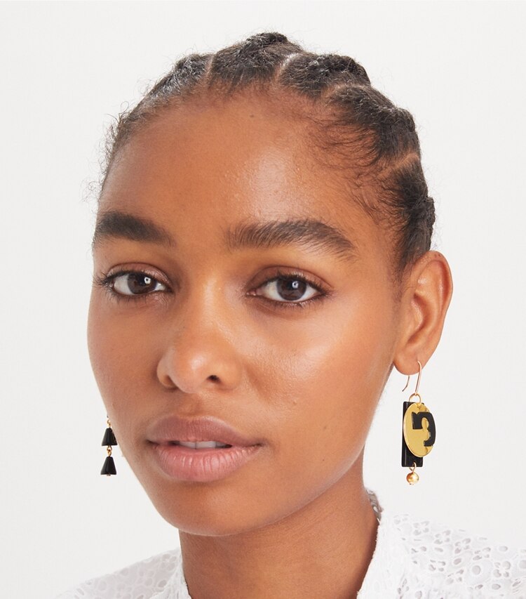 Tory Burch designer earrings Galaxy Drop Earring in Tory Gold / Black / Multi accessory on model