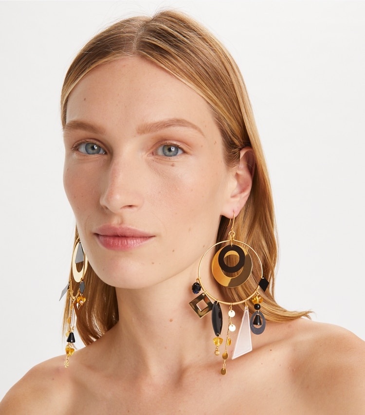 Tory Burch designer earrings Galaxy Hoop Earring in Rolled Gold / Black Multi accessory on model