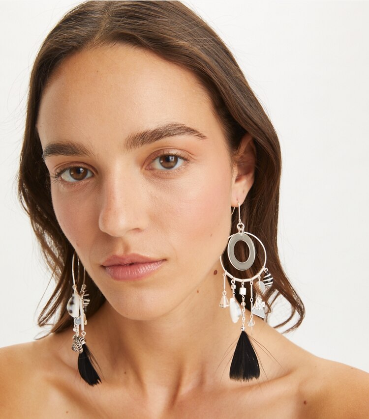 Tory Burch designer earrings Galaxy Hoop Earring in Light Silver / Black accessory on model