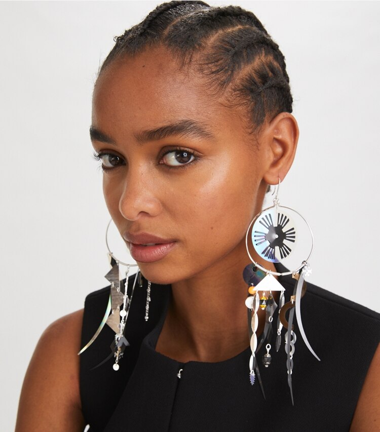 Tory Burch designer earrings Galaxy Hoops in Silver / Multi accessory on model