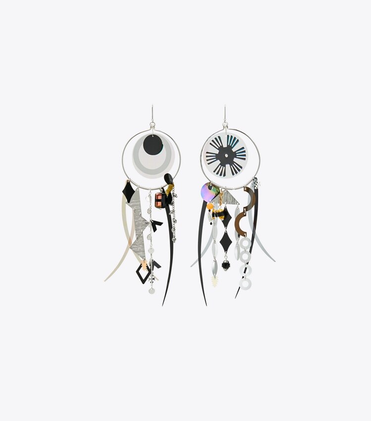 Tory Burch designer earrings Galaxy Hoops in Silver / Multi front