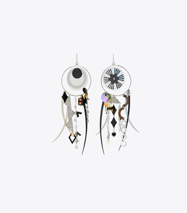 Tory Burch designer earrings Galaxy Hoops in Silver / Multi front
