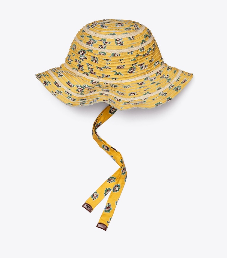Tory Burch designer hats Garden Rose Mixed-Material Bucket Hat  in Yellow front