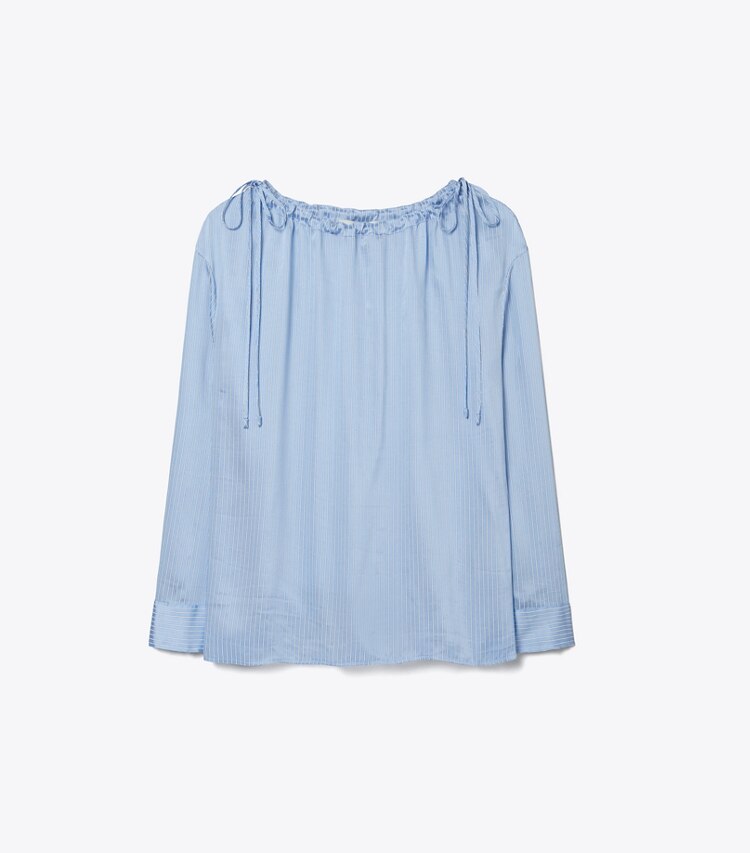 Tory Burch designer tops Gathered Neckline Viscose Silk Blouse in Light Blue Candy Stripe front