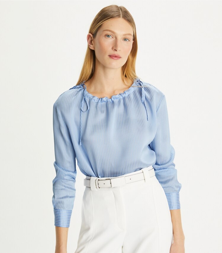 Tory Burch designer tops Gathered Neckline Viscose Silk Blouse in Light Blue Candy Stripe on model detail