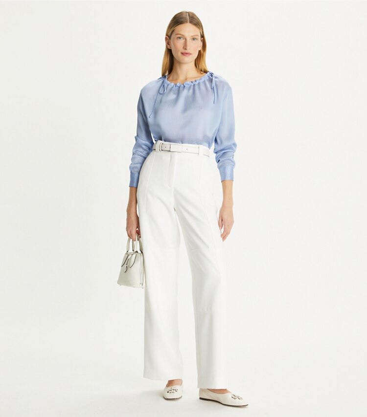 Tory Burch designer tops Gathered Neckline Viscose Silk Blouse in Light Blue Candy Stripe on model front