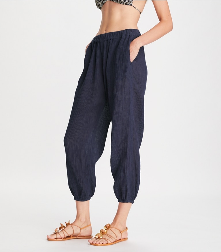 Tory Burch designer coverups Gauze Beach Pant in Tory Navy front