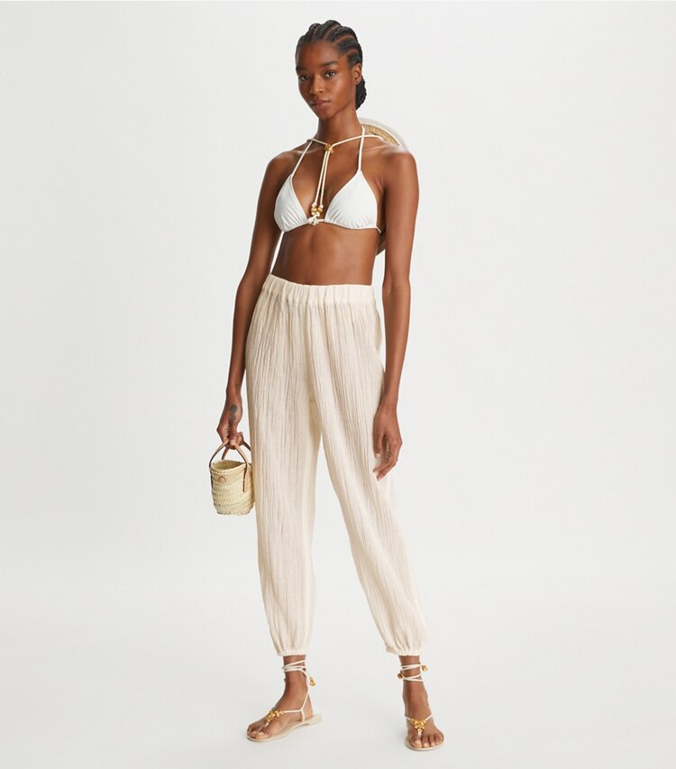 Tory Burch designer coverups Gauze Beach Pant in NEW IVORY on model front