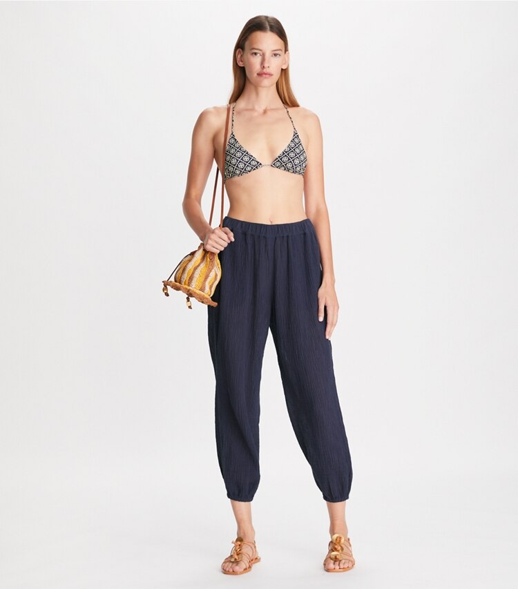 Tory Burch designer coverups Gauze Beach Pant in Tory Navy on model front