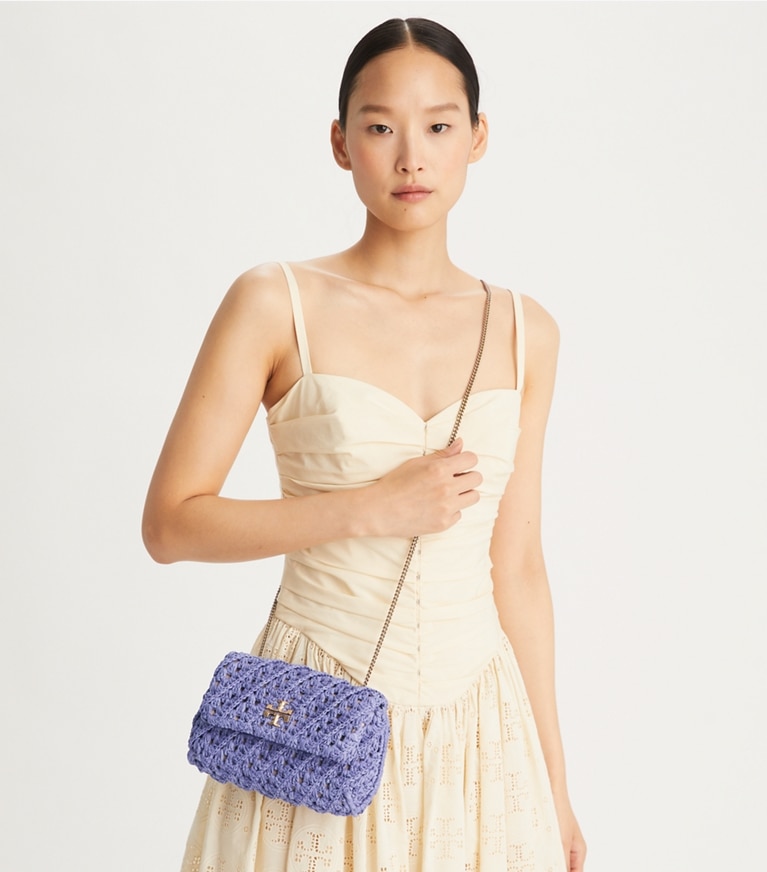 Tory Burch designer crossbody bags Gehäkelte Kira Mini Bag in Dark Lotus angle