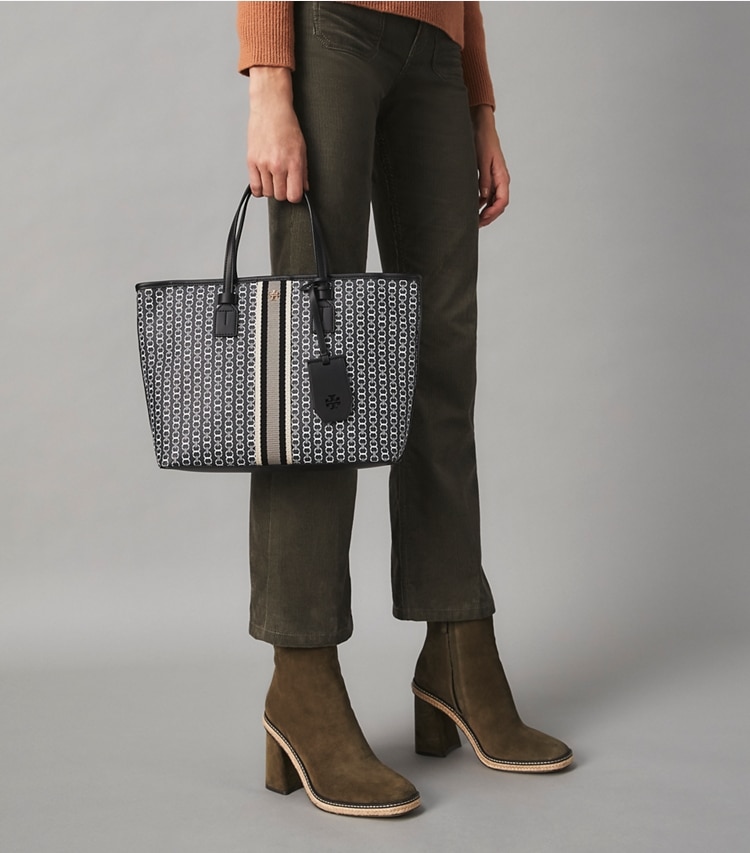 Tory Burch designer tote bags Gemini Link Canvas Small Top-Zip Tote Bag in Black Gemini Link additional on model