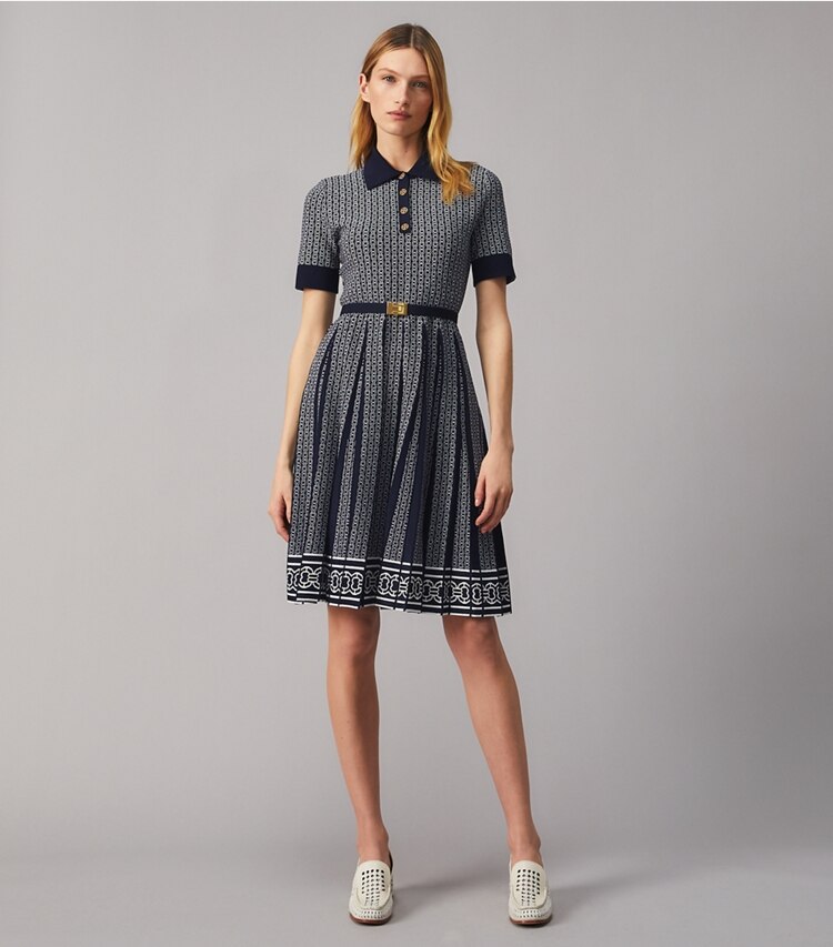 Tory Burch designer dresses Gemini Link Jacquard Dress in Classic Ivory / Tory Navy on model front