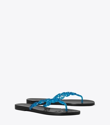 Tory Burch designer sandals Gemini Link Jelly Flip-Flop in DEEP BLUE / PERFECT BLACK angle