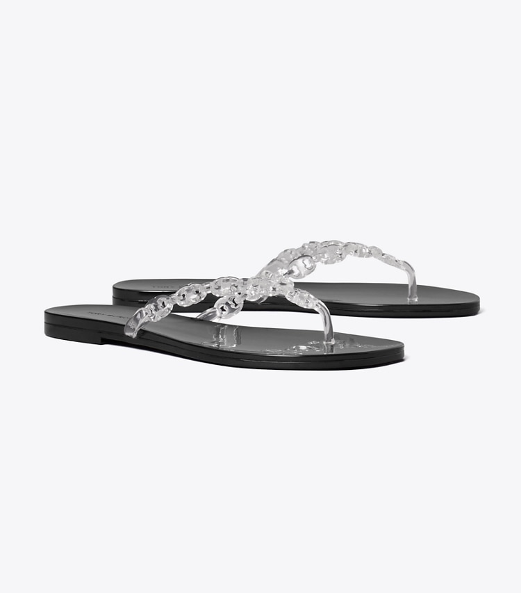 Tory Burch designer sandals Gemini Link Jelly Flip-Flop in CLEAR / PERFECT BLACK angle