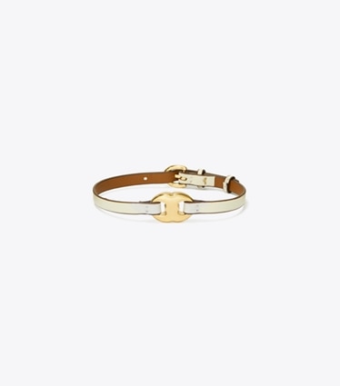 Tory Burch designer bracelets Gemini Link Leather Bracelet in Light Brass / NEW IVORY front
