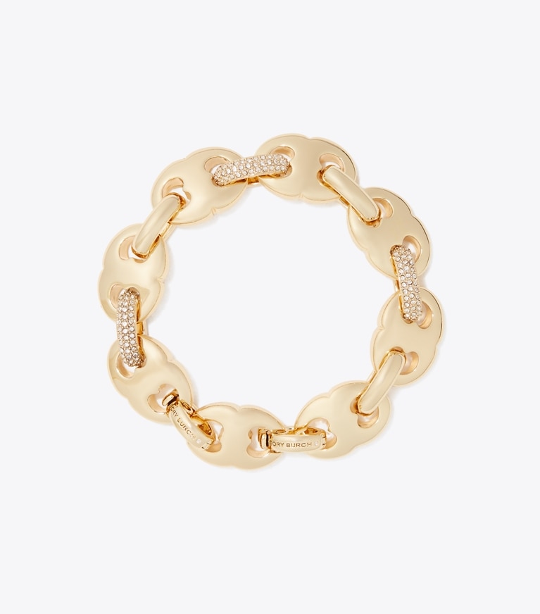 Tory Burch designer bracelets Gemini Link Pavé Bracelet in Light Brass / Crystal front
