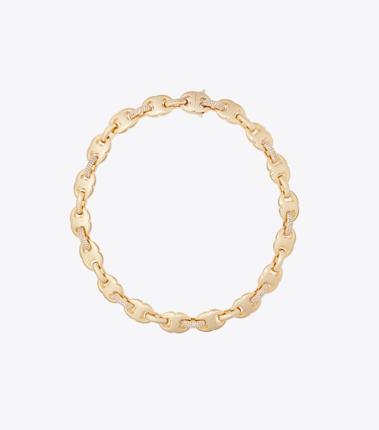 Tory Burch designer necklaces Gemini Link Pavé Necklace in Light Brass / Crystal front