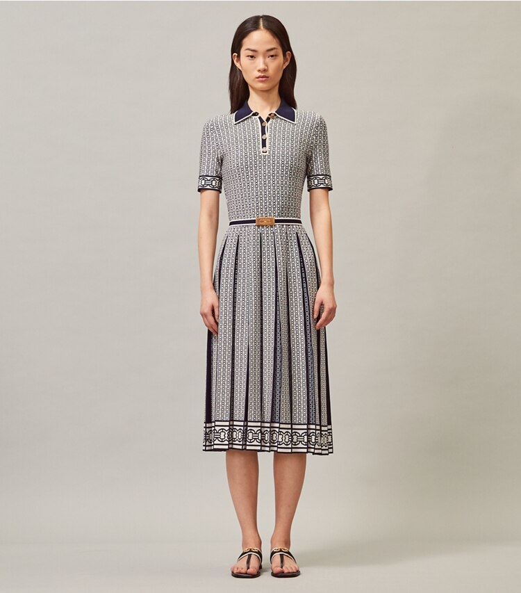 Tory Burch designer dresses Gemini Link Polo Dress in New Ivory Gemini Link on model front