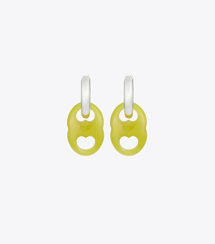 Tory Burch designer earrings Gemini Link Small Hoop Earrings in Light Silver / Green detail