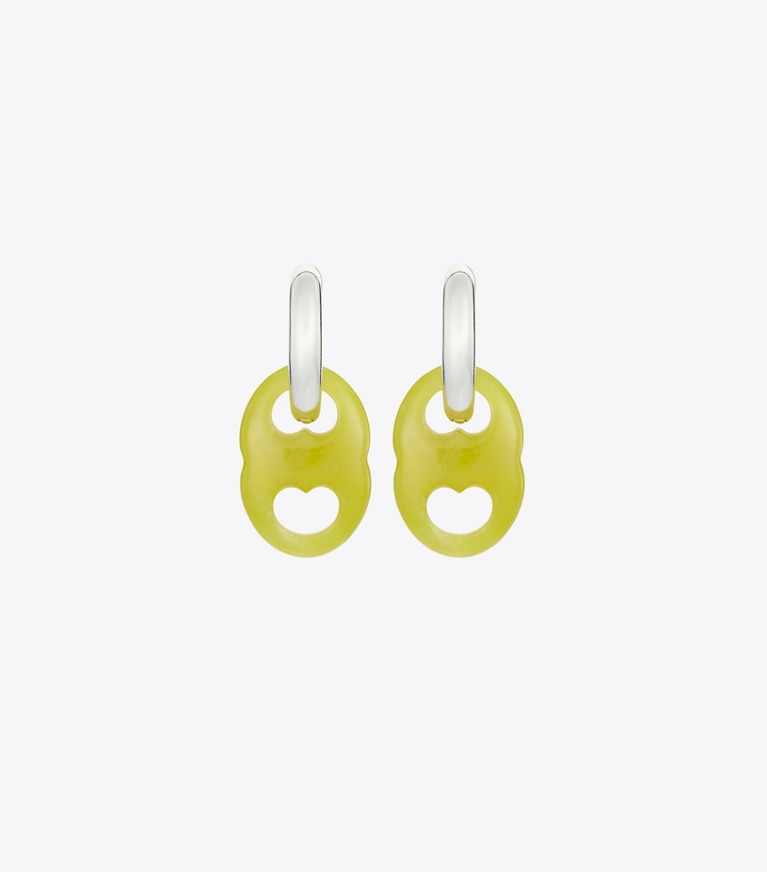 Tory Burch designer earrings Gemini Link Small Hoop Earrings in Light Silver / Green detail