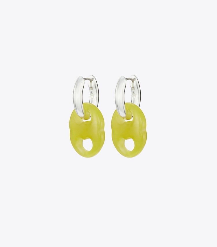 Tory Burch designer earrings Gemini Link Small Hoop Earrings in Light Silver / Green front