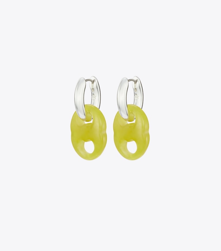 Tory Burch designer earrings Gemini Link Small Hoop Earrings in Light Silver / Green front