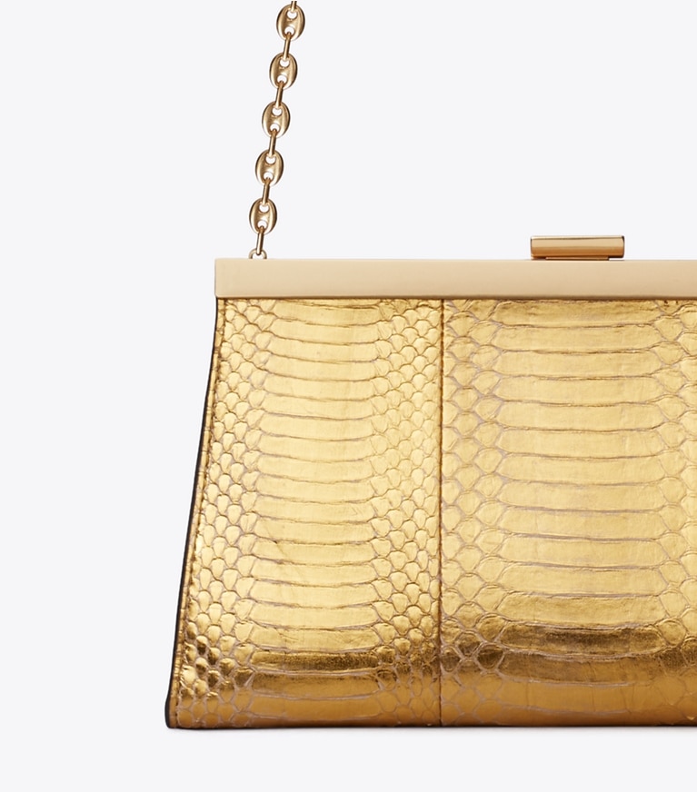 Tory Burch designer clutches Gemini Link Snake Frame Clutch in Gold detail