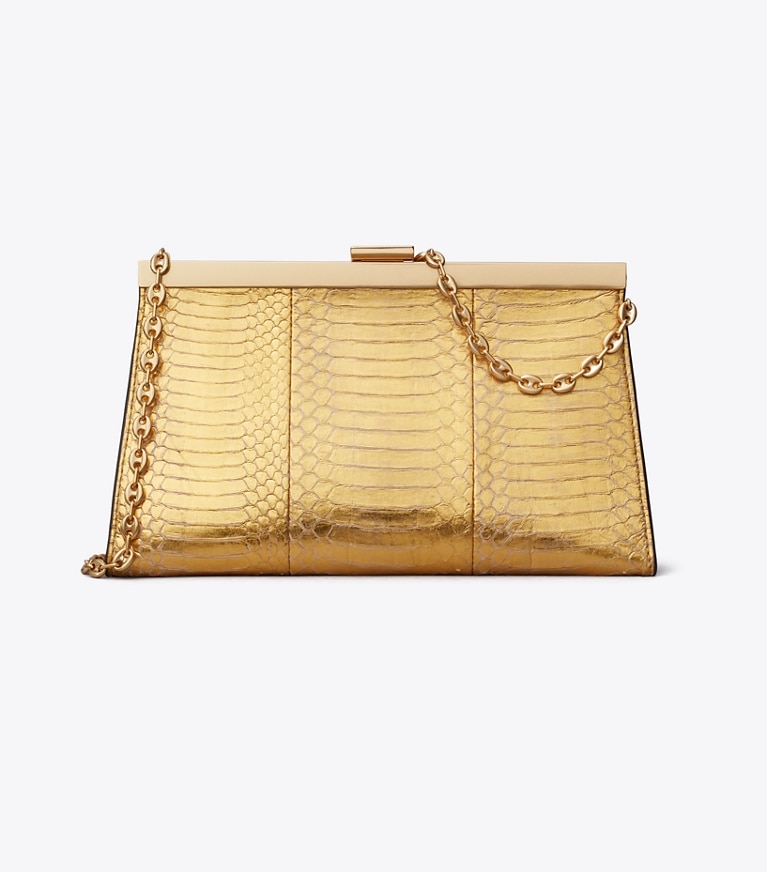 Tory Burch designer clutches Gemini Link Snake Frame Clutch in Gold front