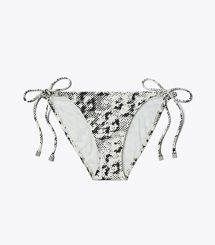 Tory Burch designer two pieces Gemini Link String Bikini Bottom in New Ivory Distressed Pixelated Logo front