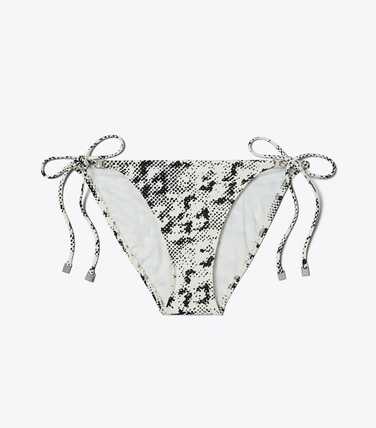 Tory Burch designer two pieces Gemini Link String Bikini Bottom in New Ivory Distressed Pixelated Logo front