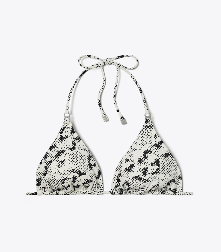 Tory Burch designer two pieces Gemini Link String Bikini Top in New Ivory Distressed Pixelated Logo front