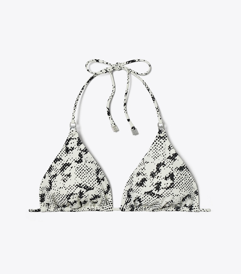 Tory Burch designer two pieces Gemini Link String Bikini Top in New Ivory Distressed Pixelated Logo front